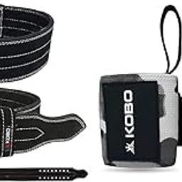 Kobo WTB-05 Leather Power Weight Lifting Belt 10 mm Thick, 4"Wide (M, Black) & Kobo WTA-04 Camouflage Grey Wrist Wraps with Thumb Loop - Professional Wrist Support Braces (Camouflage-Grey)-image-76
