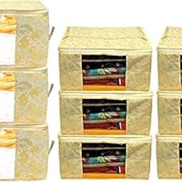 Kuber Industries Metallic Printed Non Woven 6 Pieces Saree Cover and 3 Pieces Underbed Storage Bag, Cloth Organizer for Storage, Blanket Cover Combo Set (Gold) -CTKTC38591-32