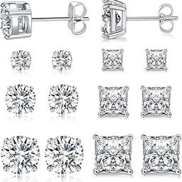 6 Pairs 18K White Gold Plated Cubic Zirconia Stud Earrings Set Princess Round Clear Sparkling CZ Hypoallergenic Jwerlry for Women Men-image-71