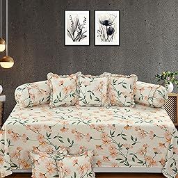 Sands 180 TC Glace Cotton Floral Designer Frill Diwan Set of 8 Pieces for Living Room Dining Hall (1Single Bedsheet, 5 Frill Cushion Covers, 2 Frill Bolster - Set of 8)-image-88