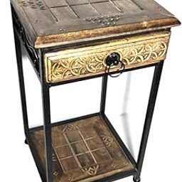 AAFIYA HANDICRAFTS Wooden Side Table with Iron Frame and Walnut Finish Stylish Storage Table with Drawer and Bottom Rack for Living Room Bedroom and Home Decor-image-83