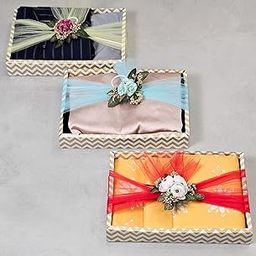 SATYAM KRAFT 3 Pcs Multipurpose Decorative Folding Gift Box | Folding Paper Hamper Boxes for Return Gifts, Sweets, DIY Craft | Rectangular Cardboard Tray (GOLDEN BOX WITH NET BAND, 3 PCS)-92