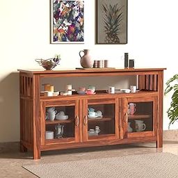 Credenza Solid Sheesham Wood Kitchen Cabinet with 3 Glass Doors in Honey Finish | Crockery Unit Sideboard Buffet Storage Cabinet for Dining Room Kitchen Living Room Furniture-image-4