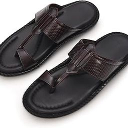 Men's Leather Toe Loop Kolhapuri Style Slip-On Slippers with Perforated Strap, Cushioned Footbed & Textured Sole-image-1