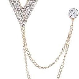 Men's & Women Suit Shirt Stud Lapel Pin Chain Tassel Brooch Pin with Crystal Chain(Big V gold)-image-54