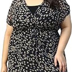 Women Plus Size Printed V-Neck Short Sleeve Elasticated Waist With Tie-Up Detail Beachwear Kaftan With Knee Length-2