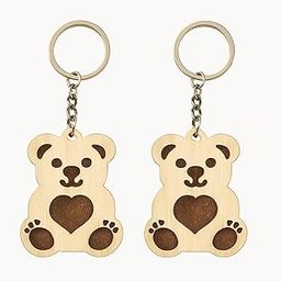 Pack of 2 Wooden Teddy Bear Keychains for Bags, Bikes, Cars & Keys | Cute Heart Design | Lightweight MDF Wood Key Rings for Boys, Girls, Couples | Ideal Gift for All Ages-picture-1