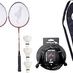 GRS® GRQ12 Aluminium Badminton-Racket, Set of 2 & 3 Pcs of Shuttle Cock, Skipping Rope & Full Cover-17