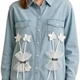 Women's Light Blue Denim Shirt and Pants Co-ord Set with Decorative Floral Appliques-picture-49