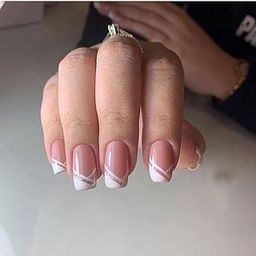 SILVER LINE FRENCH SQUARE press on nails Artificial Nails, Reusable Fake Nails, Set of 22 false nails Universally sized nail extensions for women Press- On nails, Longlasting fake nails with Glue GLOSSY Finish ( Silver Line Detailing Base Pinkish Nude with White Tips )-image-61