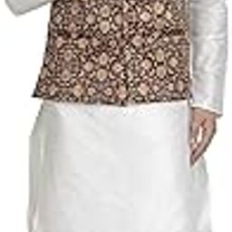 B Ben Men's Silk Kurta Pyjama & Printed Nehru Jacket Set-image-62