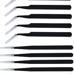 PagKis Set of 10 Non Magnetic ESD Safe Black Coated Tweezers - 5 Straight & 5 Curved-image-1