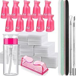 FANDAMEI Nail Polish Gel Remover Tools Kit with Nail Clips, 100ml Nail Polish Remover Bottle, 500 Nail Remover Cotton Pad, Nail Brush, Cuticle Pusher, Cuticle Peeler, 100/180 Nail File, Buffer Block-14