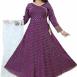 Women’s Angrakha Style Long Frock Dress with Banarasi/Net Dupatta | Floral Printed Crepe Gown, Wedding Outfit | S-XXL-image-96