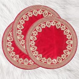 Red Velvet Designer Pooja Aasan Cloth Mandir Temple Home Office Base Chowki 38 x 38 cm (Set of 3)-image-17