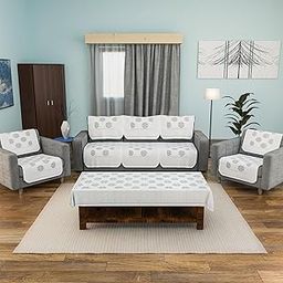 Kuber Industries Cotton Sofa & Center Table Cover Combo | Premium 5-Seater Sofa with Center Table Cover Set for Living Room, Hall | Dust Protector | Anti-Slip | Check Bright Flower - Grey & Black-image-15
