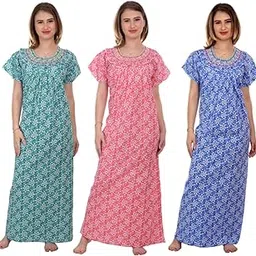 cierge Women's Cotton Printed Maxi Nighty (Green, Blue and Pink, Free Size) - Pack of 3-picture-25