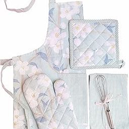 PIXEL HOME DECOR Printed Apron With Oven Mitt and Pot Holder with Kitchen Towel - Cherry Blossom Collection (Teal Blossom)-picture-29