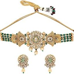 Gold-Plated Emeral Kundan Stone-Studded Pearl Beaded Choker Jewellery Set For Women-2