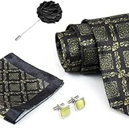 Black Green Mens Paisley Micro Print Silk Necktie Gift Set With Pocket Square Cufflinks & Brooch Pin Formal Tie With Wooden Box Free Size | (Wooden Gift Box) (Pack of 4) (RPL_14)-image-43