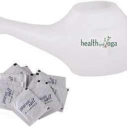 HealthAndYoga® QwikFlo Plastic Neti Pot (White-200 ml) + HealthAndYoga® Jala Neti Salt Sachets (Pack of 10)- For Blocked Nose, Cold & Headaches- Complete Saline Nasal Wash Yoga Detox Travel Kit-30