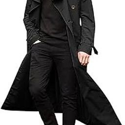 Men's Lightweight Notched Double Breast Belt Long Trench Pea Coat Overcoat-image-30