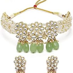Gold Plated Light Green Tumble Studded Pearl Beaded Kundan Choker Necklace Set for Women-20