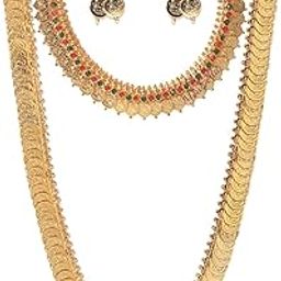 Jewellery set for women Gold Plated Long Traditional Coin Necklace set and Red Green Choker necklace Jewellery Set with Earrings for Girls and Women-15