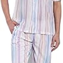Cotton Coord Set, Half Sleeves Shirt with Pants, Mosaic Diamond Patchwork, Waffle Texture, White with Pastel Stripes Lilac-image-66
