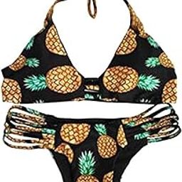 Adorable Halter Hollow Out Pineapple Print Padded Bikini Set for Women Black L-image-33