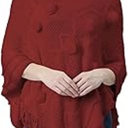 Women's Red V-Neck Poncho with Fringe Hem and Pom-Pom Detail-CHN-9951-5_Red-picture-27
