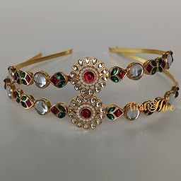 Floral Kundan mathapatti hairband for women | Red Centerpiece hair band with Green Enamel | Traditional Hairband Hair Accessories Without Maang Tikka | Kundan Headband for Girls & Women Wedding (Pack of 1)-image-93