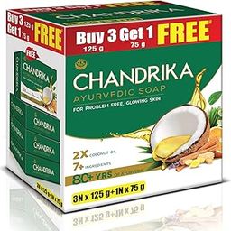 Chandrika Ayurvedic Soap Classic| Handmade Soap for Naturally Radiant Skin| For All Skin Types| 125g (Pack of 3)+75g Free-40