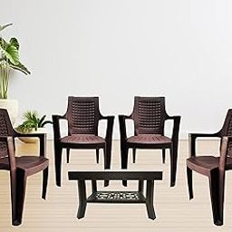 Easyday Jumbo Set of 4 Plastic Chairs & 1 Vegas Centre Table Combo for Home, Garden & Living Room (Brown)-22