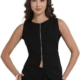 fashfun clothing Fashfun Women's Solid Linen Blend Waistcoat With Zipper Closure-picture-23