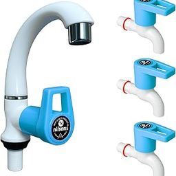 NILSONS 1 Swan Neck Pillar Tap + 3 Bib Cock Taps Combo Pack | Prime Series Blue Plastic Water Tap Set for Kitchen, Bathroom, Garden | Heavy Duty, Leak-Proof, Easy Installation, Multipurpose Faucet-image-2