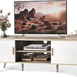 TV Stand for 55 Inch TV, Entertainment Center with Adjustable Shelf, 2 Cabinets, TV Console Table, Media Console, Solid Wood Feet, Cord Holes, for Living Room, Bedroom, Gray and White-22