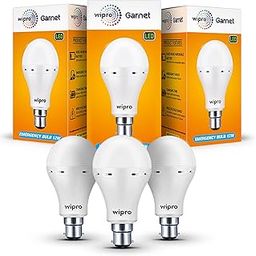 Wipro Garnet 12w LED Emergency Bulb | Cool Day White (6500K) | B22 LED Bulb Base | Inverter Bulb for home, with 4 Hours battery back up| Li-ion Battery | Over charging Protection | Pack of 3-7