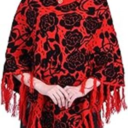 Women's Floral Woolen Poncho (L, Black)-picture-10