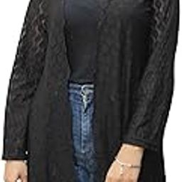 Women Net Front Open Long Shrug (L, Black1)-6