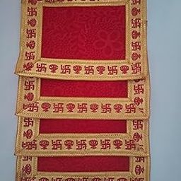 Traditional Red Silk Mats with Golden Border, Swastik Pattern, Set of 4-picture-2
