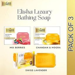 Elisha Premium Bathing Soap Combo Pack of 3 – Mix Berries, Chandan & Mogra, Swiss Lavender | With Hyaluronic Acid & Glycerin | Nourishing & Moisturizing | 90g Each-8