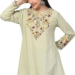 qazmi Women's Jasmine Kashmiri A-Line Full Sleeves Rayon Cotton Short Kurti-picture-3