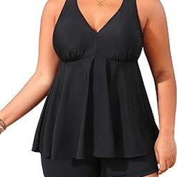 Women's Plus Size Tankini Ruched Flowy Two Pieces V Neck Cross Back Swimsuit-image-34