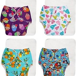 SuperBottoms BASIC - Pack of 8 (4 Shell + 4 Insert) Soft Fleece Lined Freesize Adjustable and Reusable Cloth Diaper for babies 0-3 Years | Cloth Diaper for babies with inserts - ASSORTED PRINTS (Option1)-17