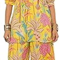 Yellow Tropical Print Puff Sleeve Cotton Tunic Co-ord Set-image-40