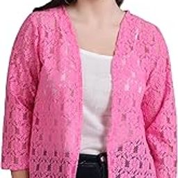 Women Self Design Cotton Lace 3/4th Sleeve Blazer Shrugs | Front Open, No Closure | Pink-6