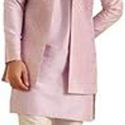 Men's Kurta Jacket Trouser Set, Lilac Jacquard, Woven Design Regular Fit Mandarin Collar Long Sleeves-4
