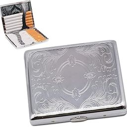 GUSTAVE® Retro Metal Cigarette Case - Cigggrate Case - Cigarette Case for Men Stylish - Double Sided Spring Clip Open Pocket Holder for 20 Cigarettes 84mm (Silver)-36