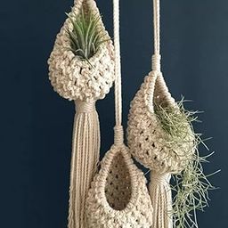 Urooz Macrame Cotton Boho Plant Hanger Rope Flower Pot Holder For Indoor Outdoor Balcony Gardening (Set Of 3) (Off White)-image-95